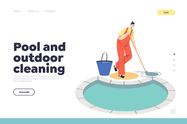 Pool and outdoor cleaning concept of landing page with woman in uniform mopping swimming pool — Stock Vector