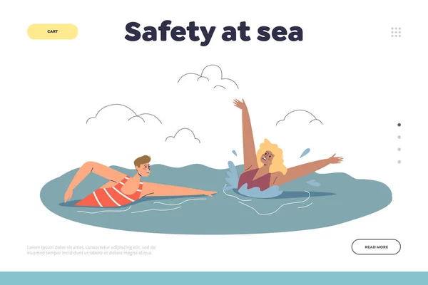 Safety at sea concept of landing page with beach lifeguard swimming to woman drowning — Stock Vector