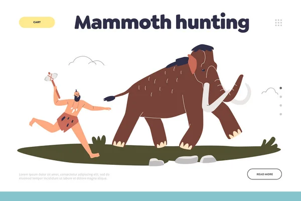 Mammoet jacht concept van de landing page met primitieve stenen tijdperk man jager jagen op grote dieren — Stockvector