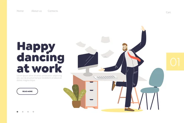 Happy dancing at work cocnept of landing page with businessman smiling boss dance on workplace — Wektor stockowy
