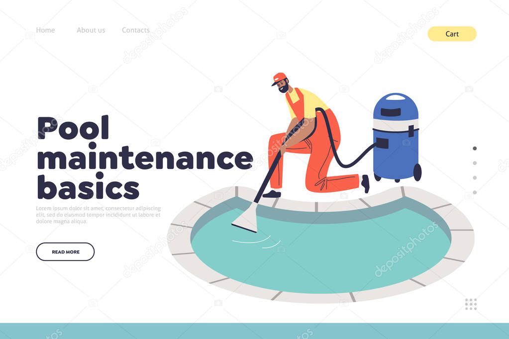 Pool maintenance basics concept of landing page with worker cleaning water with vacuum cleaner
