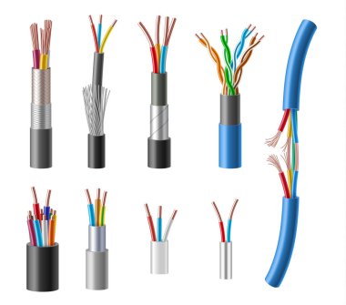 Kablolar ve kablolar gerçekçi. Elektrik gücü, ağ, televizyon ve telefon