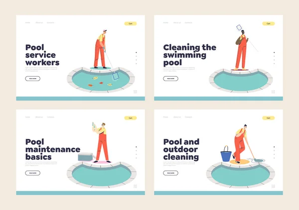 Set of landing pages with swimming pool cleaning, maintenance and repair service workers — Stock Vector