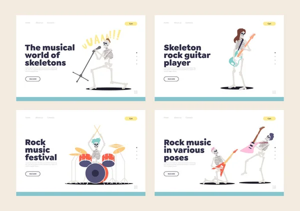 Set di landing page con musicisti scheletrici che suonano musica rock. Sagra musicale open stage template — Vettoriale Stock