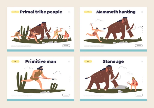 Conjunto de páginas de aterrizaje con prehistóricos, tribu primitiva hombres de las cavernas cazando en mamut — Vector de stock