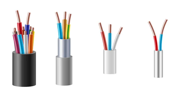 Fil de câble, électrique, fibre ou cuivre en coupe, ensemble réaliste. Câbles, conducteurs de câbles — Image vectorielle