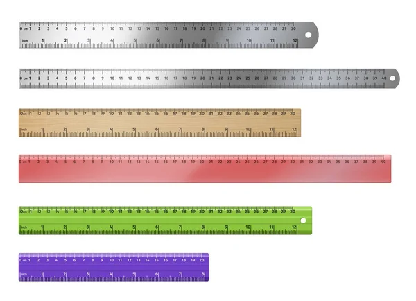 Set di righelli realistici: plastica e metallo di diversa lunghezza e colore con misure — Vettoriale Stock