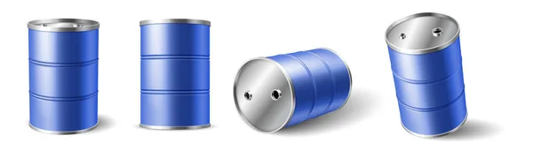 Realista 3d detallado barriles de petróleo de diferentes lados. Contenedor metálico para almacenamiento de combustible líquido — Vector de stock