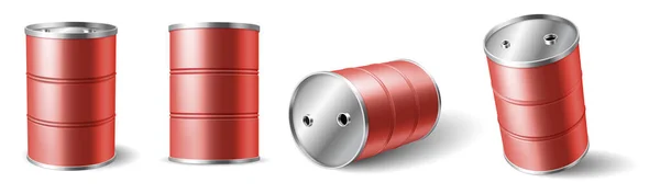 लाल धातु बैरल का सेट। तरल रासायनिक उत्पादों पैकेज और परिवहन के लिए कंटेनर — स्टॉक वेक्टर