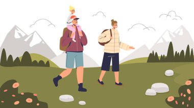 Genç bir aile dağlarda yürüyüş yapıyor. Ebeveynler seyahat eder, oğluyla yürüyüşe çıkar.