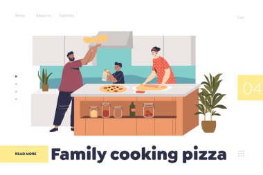 Aile pizza pişirme konsepti. Ebeveyn ve çocuk birlikte mutfaktayken iniş sayfası.