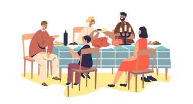 Şükran Günü kutlaması için aile yemeği. Ebeveynler ve çocuklar tatil masasında birlikte yemek yiyorlar.