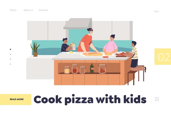Vaření pizza s dětmi koncept přistávací stránky s dětmi pomoci matce připravit jídlo doma — Stockový vektor