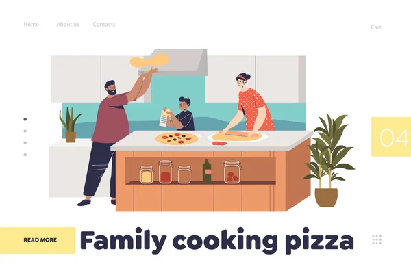 Сімейне приготування піци концепція посадкової сторінки з батьками та дитиною на кухні вдома разом — стоковий вектор