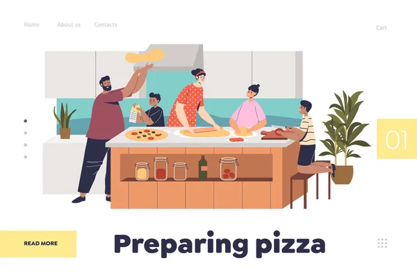 Preparare la pizza insieme concetto di landing page con grande cena di cucina familiare a casa cucina — Vettoriale Stock