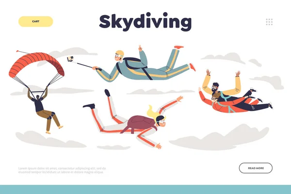 Conceito de Skydiving de landing page com pessoas pulando com paraquedas. Grupo de paraquedistas parapente —  Vetores de Stock