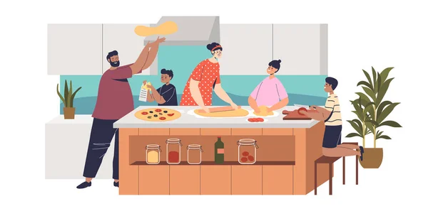 Velká rodina vaří pizzu společně v kuchyni. Šťastní rodiče a děti připravují tradiční italské jídlo — Stockový vektor
