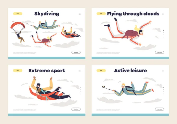 Люди прыгать с парашютом шаблон посадочные страницы набор. Прыгающие в небо парашютисты — стоковый вектор