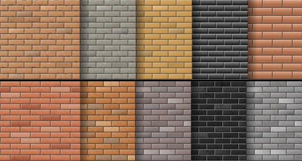 Ensemble de mur de briques texture arrière-plan. Moderne réaliste différentes surfaces de briques de couleur — Image vectorielle