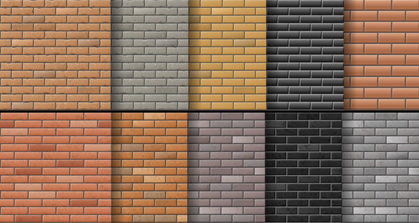 Set of brick wall texture background. Modern realistic different color brick surfaces
