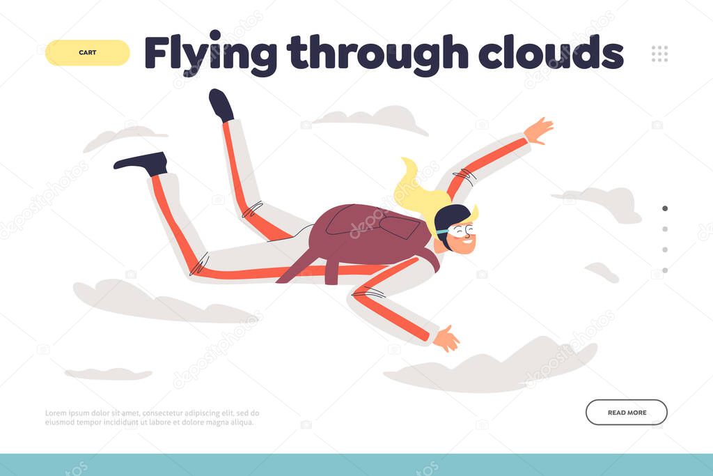 Flying through clouds concept of landing page with woman skydiving with parachute