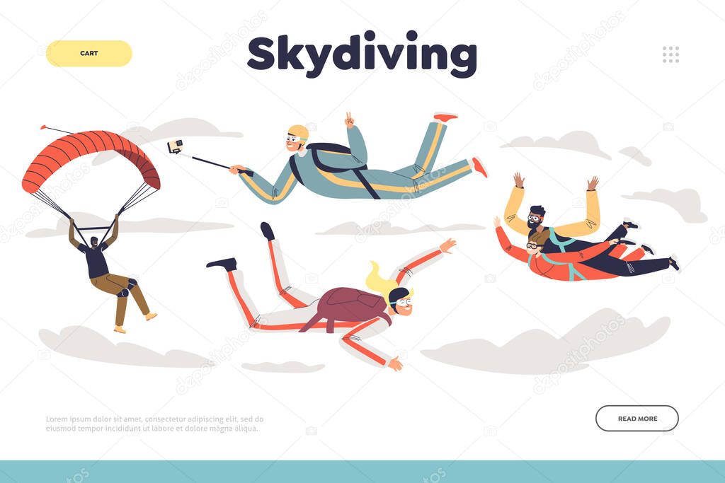 Skydiving concept of landing page with people jump with parachute. Group of parachutists paragliding