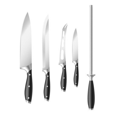 Profesyonel aşçıların mutfağı için farklı bıçak ve keskinleştirme çubukları var.