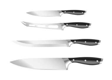 Mutfak bıçağı, gerçekçi 3 boyutlu set. Et kesme baltası, satır, kasap, çelik soyan bıçak.