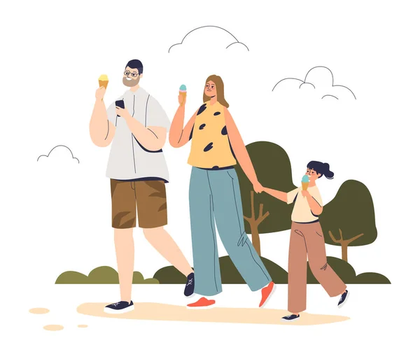 Gelukkige familie wandeling in het zomerpark het eten van ijs. Cartoon ouders en dochter samen buiten — Stockvector