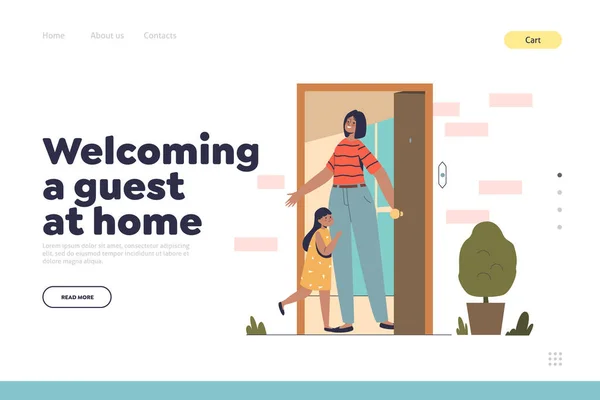 Gastvrije gast thuis concept van landing page met moeder welkom dochter aan de deur na school — Stockvector