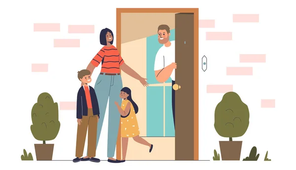 Familia bienvenida madre en casa. Niños felices y papá conociendo a mamá en la puerta principal después del trabajo — Archivo Imágenes Vectoriales