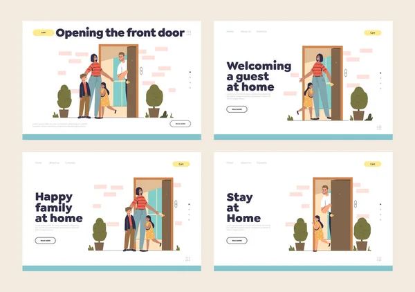 Portes ouvertes pour accueillir et au revoir concept de pages d'atterrissage avec les parents et les enfants à la porte à la maison — Image vectorielle