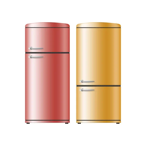 Δύο ρεαλιστικά ψυγεία. Σύγχρονα ψυγεία για ψύξη προϊόντων και αποθήκευση τροφίμων κουζίνας — Διανυσματικό Αρχείο