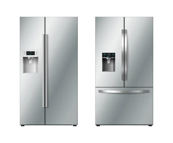 Refrigerador realista con puertas dobles. Moderno aparato frigorífico de dos cámaras — Vector de stock