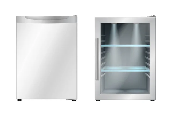 Mini refrigerador con puerta abierta y cerrada. Congelador moderno o nevera pequeña para habitación de hotel — Vector de stock