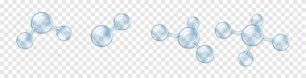 Set of realistic molecular sphere bubbles, transparent molecular connection models