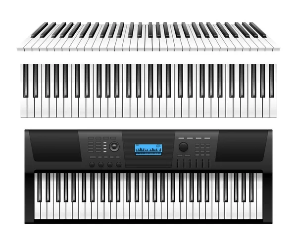 Klasik piyano tuşları ve elektrikli sentezleyici gerçekçi klavye, üst açı görünümü — Stok Vektör