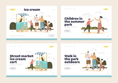 Yaz parkında aile yürüyüşü şablon iniş sayfalarının dondurma konseptini yemek