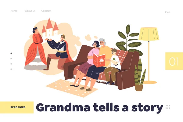 おばあちゃんは小さな男の子と女の子への祖母読書本とランディングページの物語の概念を伝える — ストックベクタ