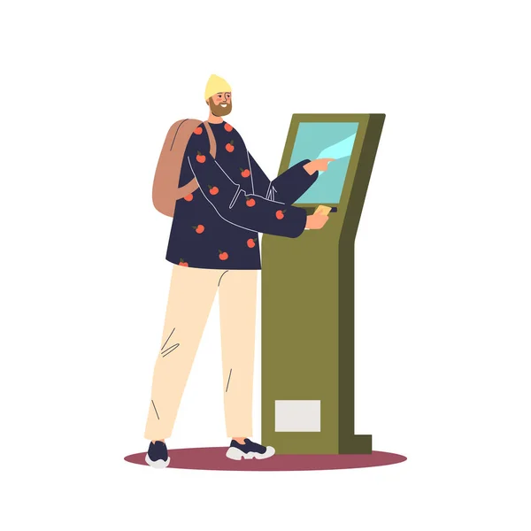 Ödeme için terminali kullanan bir adam. Modern dokunmatik ekran bilgilendirme kiosk teknolojisi — Stok Vektör
