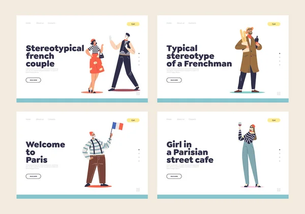 French stereotypes and traditions set of landing pages with typical characters in France clothes — Stock Vector