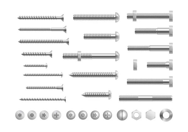 Schraube und Bolzen aus Metall. Realistische Stahlnägel, Nieten, rostfreie selbstschneidende Schraubenköpfe mit Muttern — Stockvektor