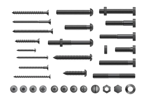 Realistic bolt, screw and nut collection. Metal nails, rivets head with washers. Repair set isolated — Stock Vector