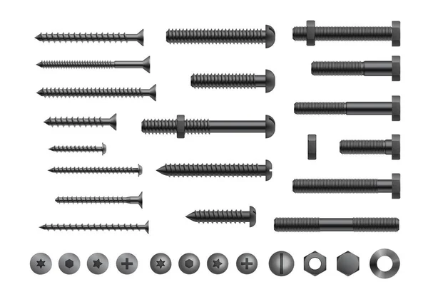 Colección realista de pernos, tornillos y tuercas. Clavos de metal, remaches cabeza con arandelas. Reparación aislada — Archivo Imágenes Vectoriales