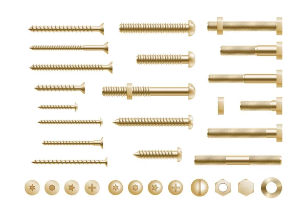 Tornillos metálicos dorados, pernos de acero, tuercas, clavos y remaches aislados sobre fondo blanco — Archivo Imágenes Vectoriales