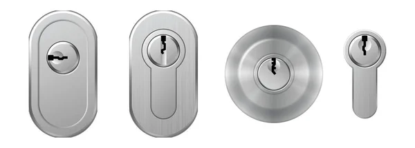Sleutelgaten op zilveren stalen platen. Realistische gedetailleerde set 3d sleutelgaten voor metalen deurgrepen — Stockvector