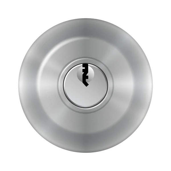 Icono con ojo de cerradura, plantilla de botón de agujero de llave realista con textura de metal cromado — Vector de stock