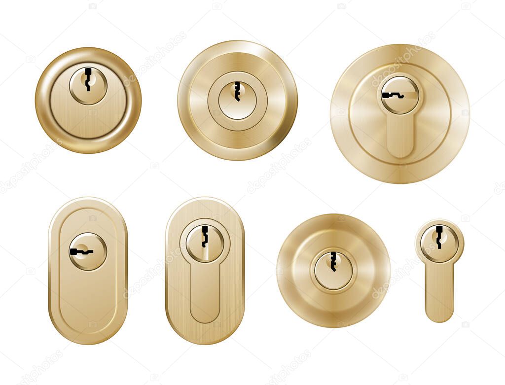Golden keyholes for door handles. Realistic set of metal key holes for padlocks, lockers