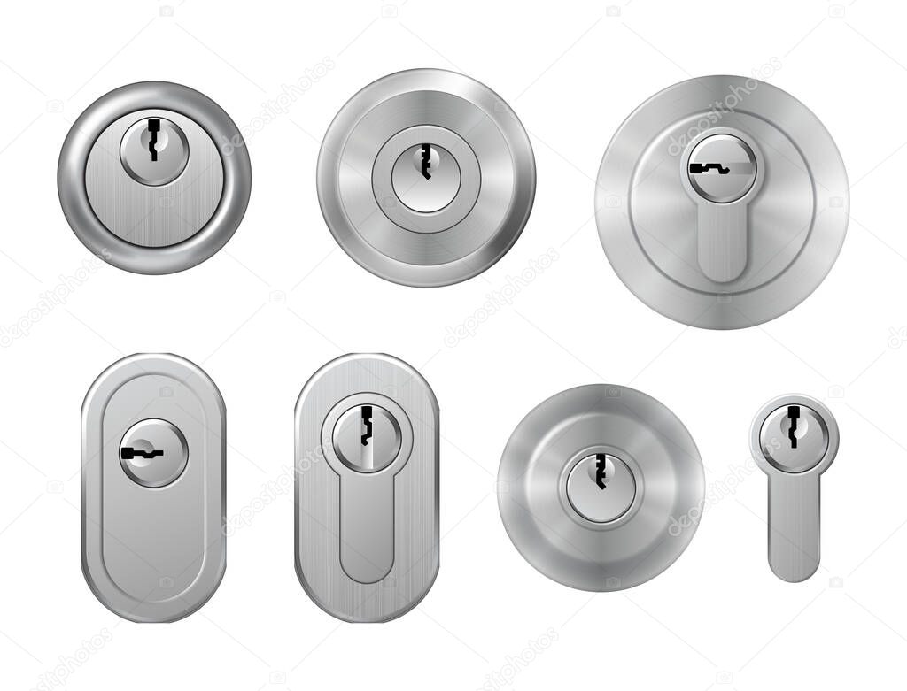 Steel metal secure keyholes for door locks templates. Realistic silver or chrome key holes