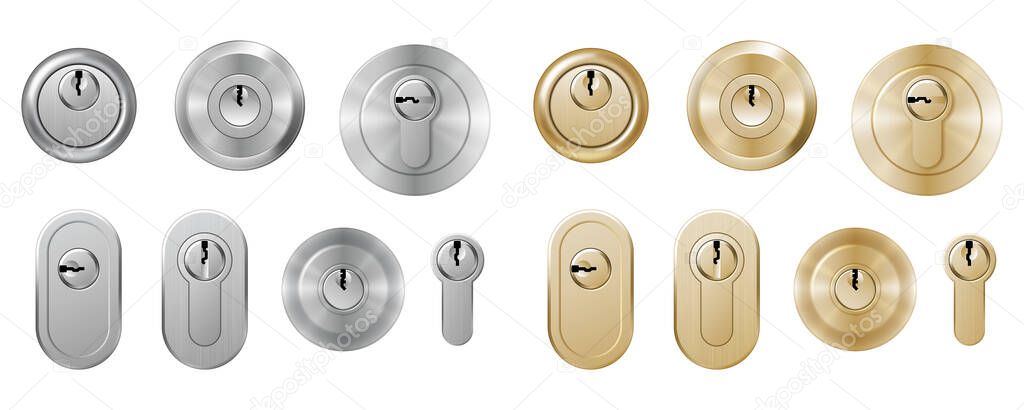 Set of realistic keyholes and keys for padlocks. Metallic lockers isolated with key holes template